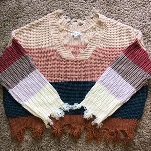 Color Block Oversized Fringe Sweater